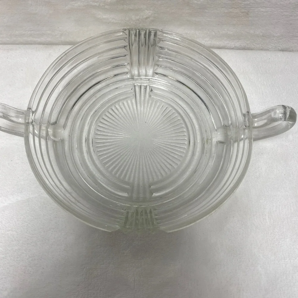 VTG Clear Glass Round Covered Candy Dish with Handles Sunburst‎ Pattern Lid